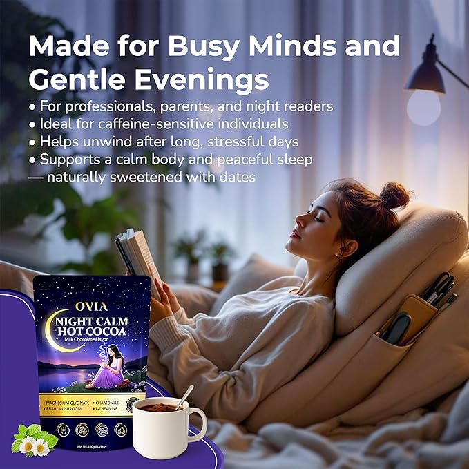 OVIA Night Calm – Melatonin-Free Magnesium Mushroom Hot Cocoa for Sleep – Nighttime Hot Chocolate with L-Tryptophan, L-Theanine & Reishi – Relaxation, Stress & Cortisol Support | 30 Servings