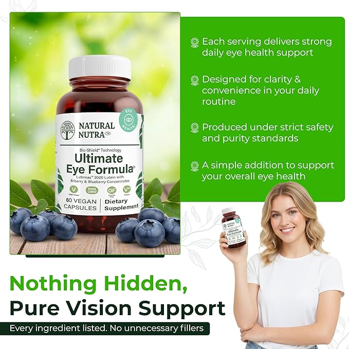 Natural Nutra Ultimate Eye Health Supplement - Bilberry & Blueberry Extract Blend for Day and Night Vision Support, Promotes Color Perception & Eye Clarity - Non-GMO, Gluten-Free, Vegan - 60 Capsules