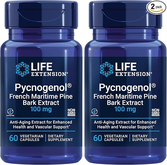 Life Extension Pycnogenol – French Maritime Pine Bark Extract – Scientifically Studied Healthy Aging & Vascular Health Supplement-– Non-GMO,Gluten-Free,Vegetarian-– 60 Capsules,(Pack of 2)