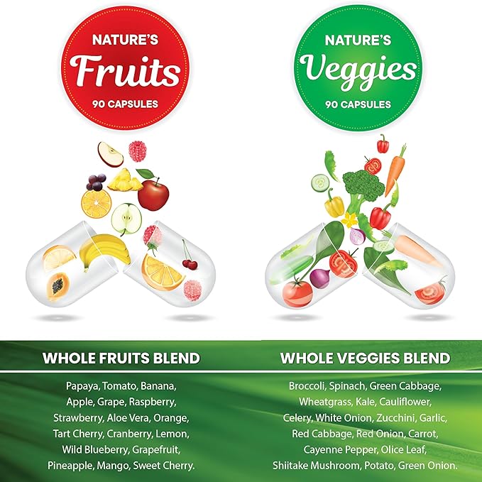 Superfood 180 Fruit and 180 Veggie Capsules - Whole Food Natural Superfoods - Maintain Energy Levels, with Beta Carotene - Soy Free (90 Count (Pack of 4)
