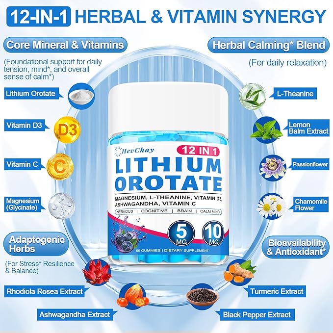12-in-1 Lithium Orotate 5mg 10mg with Ashwagandha & L-Theanine, Lithium Orotate for Mood, Calm, Cognitive & Brain, High Bioavailability Trace Mineral, Lemon Balm, Magnesium Glycinate, 1 Pack