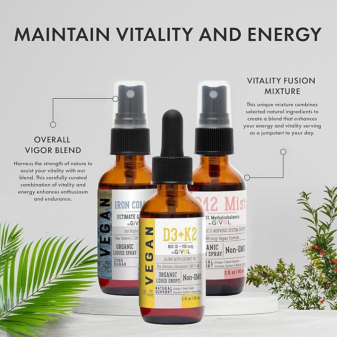 Energy & Vitality Bundle Liquid Vitamin Spray Trio - B12 Methylcobalamin, Iron Bisglycinate, and D3 (Lichen) & K2 (MK4 & MK7), Non-GMO, Gluten Free, Sugar-Free, 2 Fl Oz (60 ml) 540 Days Supply