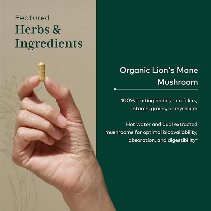 GAIA HERBS PRO Lion's Mane Mushroom - Supports Brain & Neurological Health* - Organic Mushrooms - 2,500mg Per Serving - Gluten-Free - 60 Capsules (30 Servings)
