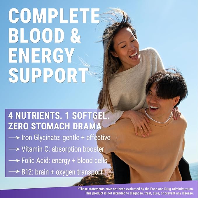 Iron Supplement for Women & Men | Iron Glycinate 50mg + Vitamin C, Folic Acid 1000mcg, Vitamin B12 | Anemia Relief, Energy Boost & Immune Support | Gentle on Stomach, Fast Absorption | 60 Softgels