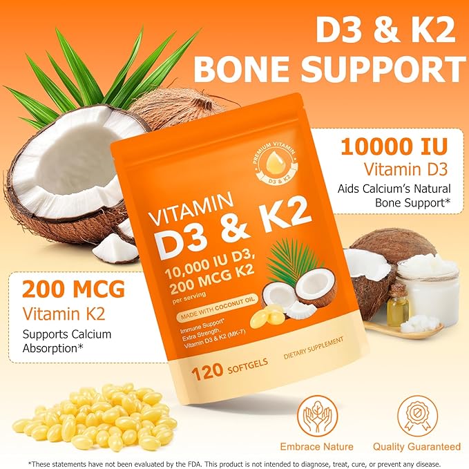 Vitamin D3 K2, D3 K2 Vitamin 10000 iu Supplement With Coconut Oil Softgels, 2 in 1 Formula 200 mcg (MK-7) Complex Softgels Support Calcium Absorption, Immune, Bone Health D3 K2 Vitamin - 120 Softgels