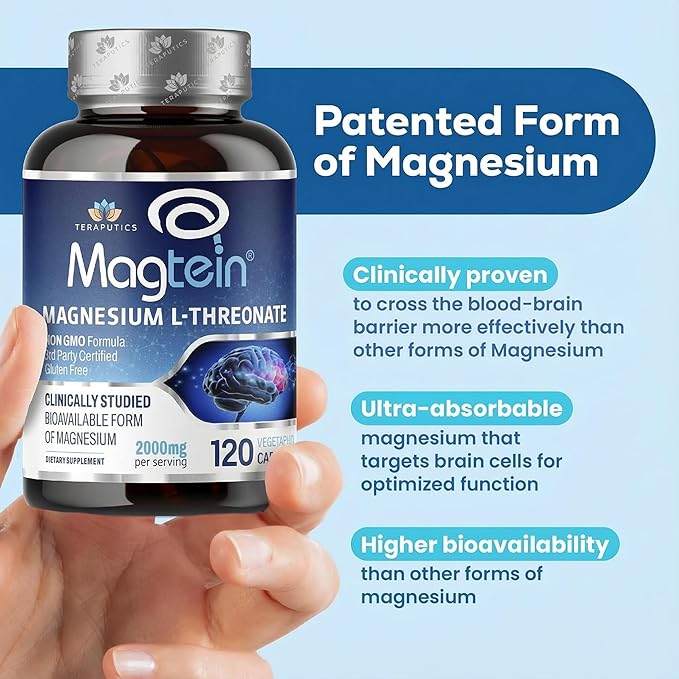 Magnesium L Threonate, Magtein, Brain Supplement for Memory, Focus, Sleep and Cognitive Support, High Absorption Magnesium L-Threonate, Non-GMO, No Laxative Effect – 2,000 mg, 120 Vegan Capsules