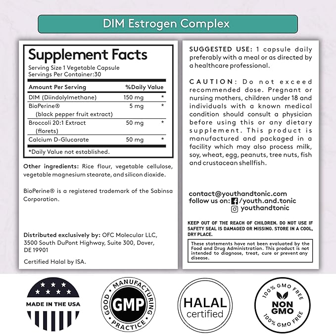 Youth & Tonic DIM Estrogen Complex – Estrogen Metabolism Support, Non-Hormonal Plant-Derived Formula with Broccoli Extract, Calcium D-Glucarate & BioPerine®, 30 Capsules