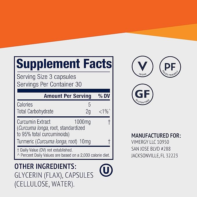 Vimergy Curcumin with Turmeric Supplement, 1000mg Curcumin Extract/Serving – Liquid Capsules - Non-GMO, Gluten-Free, Kosher, Vegan & Paleo Friendly Turmeric Curcumin Supplement