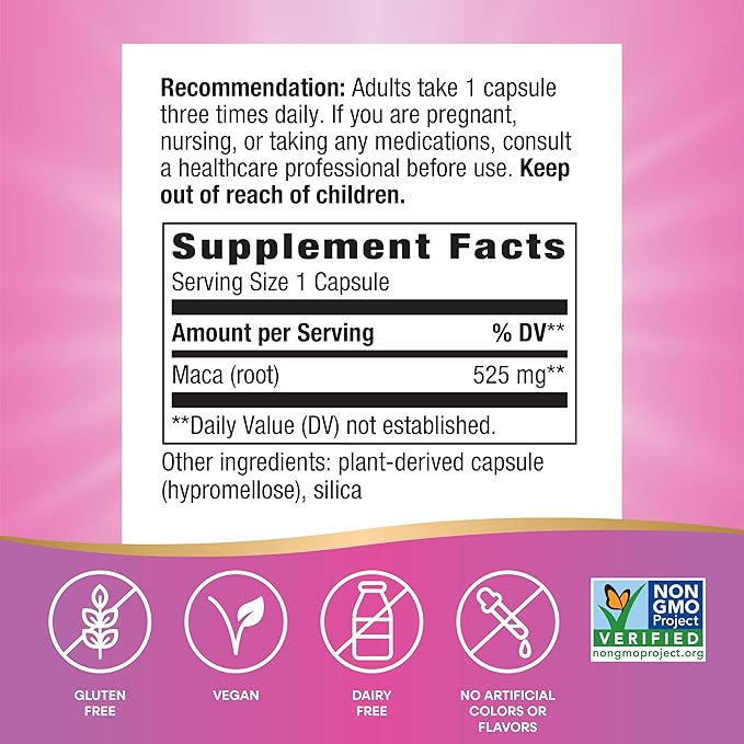 Nature's Way Maca Root, Traditional Libido Support*, 525 mg per Serving, Non-GMO Project Verified, 100 Vegan Capsules (Packaging May Vary)