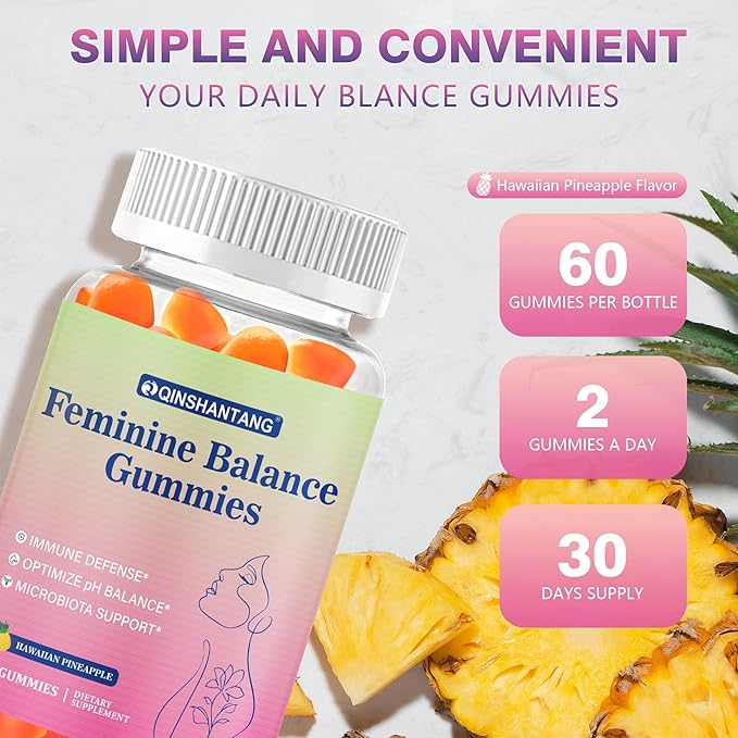 Feminine Balance Gummies for Women pH, Premium Balance Supplement for Women, Sugar Free Hawaiian Pineapple and Probiotic | Boost pH Health & Immune Support | Vegan, Gluten-Free, 60 Count