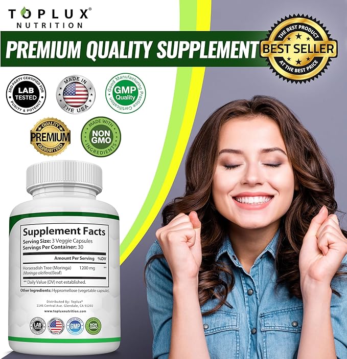 Toplux Moringa Capsules 1200mg – Pure Moringa Powder High Potency Leaf Extract Green Superfood Rich in Antioxidant, for Energy & Immune Support, Vegan Non-GMO 90 Capsules
