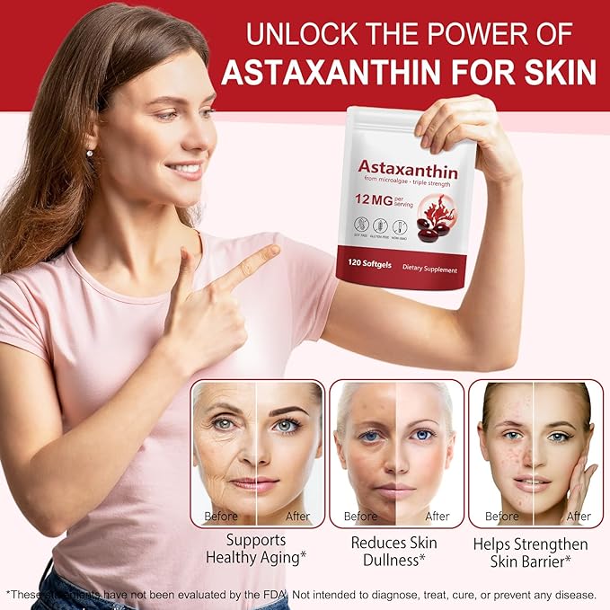 Premium Astaxanthin 12mg,120 Softgels | Natural Antioxidant Supplement for Eye, Joint, Skin Health,Microalgae Source | 4 Month Supply | Supports Internal Circulation & Natural Tanning,Non-GMO