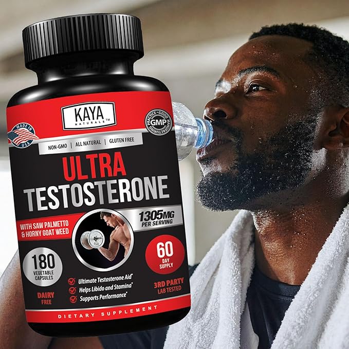 Kaya Naturals UltraTest- Men's T Booster with Tongkat Ali, Horny Goat Weed, Tribulus - Natural Workout Supplement for Energy, Stamina, and Strength Booster - 180 Count
