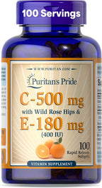 Puritan's Pride Premium Vitamin C-500mg with Rose HIPS and Vitamin E-400, Supplement for Antioxidant, Heart, Circulatory, and Immune System Support, 100 Rapid Release Softgels