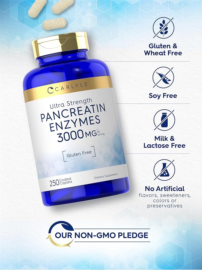 Carlyle Pancreatin Digestive Enzymes | 250 Caplets | with Protease, Amylase & Lipase | High Strength | Non-GMO, Gluten Free Supplement