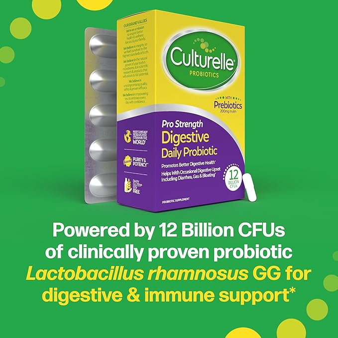 Culturelle Pro Strength Daily Probiotics For Digestive Health (2 Month Supply) with Prebiotics for Women & Men, Supports Occasional Diarrhea, Gas & Bloating, Gluten & Soy Free, 60 Count