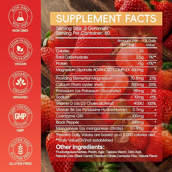 Magnesium Glycinate Gummies 600mg, Chewable Sugar Free Potassium Magnesium Gummies with Magnesium Glycinate, Vitamin D, B6, and CoQ10 for Zzz, Relaxation, Brain and Muscle, 60 Days Supply