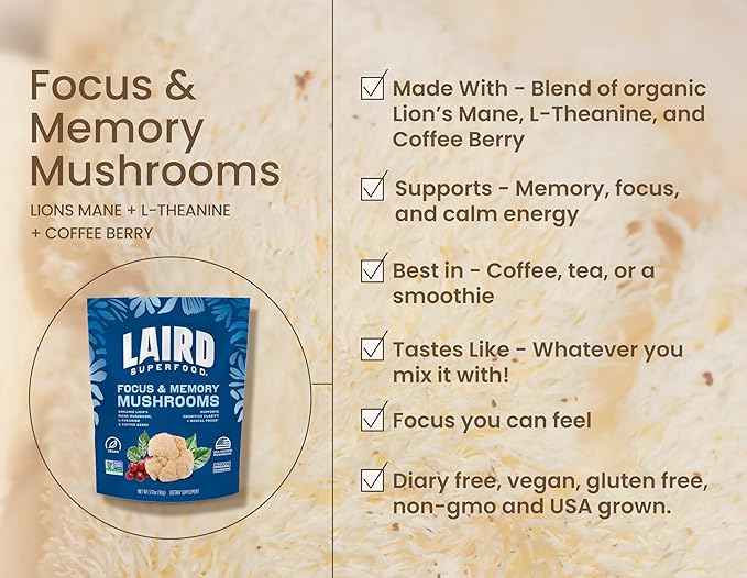 Laird Superfood Organic Focus and Memory Mushroom Blend with Lion’s Mane, L-Theanine, and Coffee Berry, 3.17 oz. Bag, Pack of 1