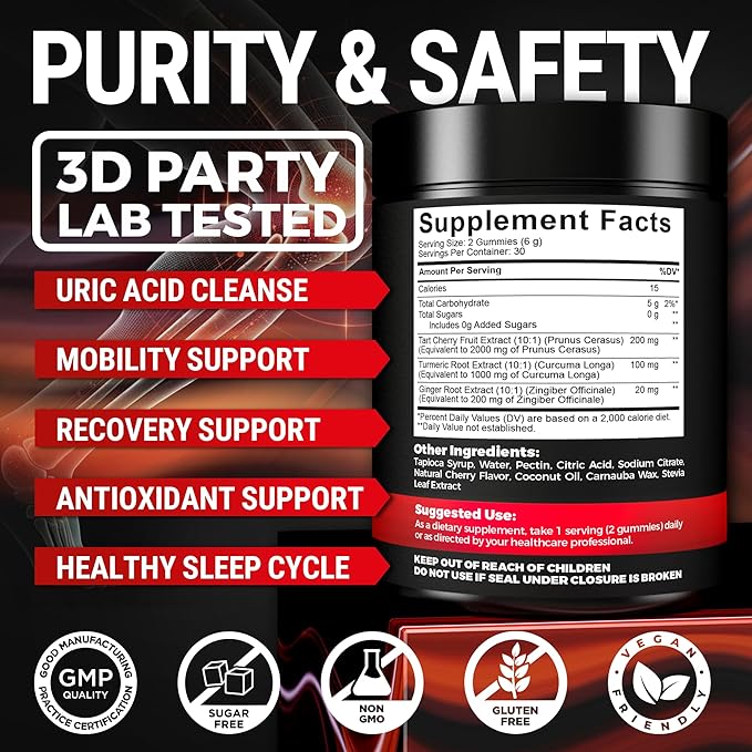 [Ultra Strength] Tart Cherry Gummies Extract with Turmeric & Ginger - Natural Tart Cherry Supplement for Uric Acid Cleanse Support & Recovery Gummies