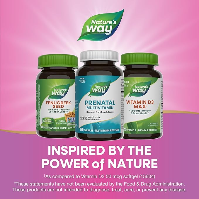 Nature's Way Prenatal Multivitamin, with Folate for Healthy Brain and Spinal Development*, Buffered Vitamin C, B-Vitamins, 180 Capsules (Packaging May Vary)