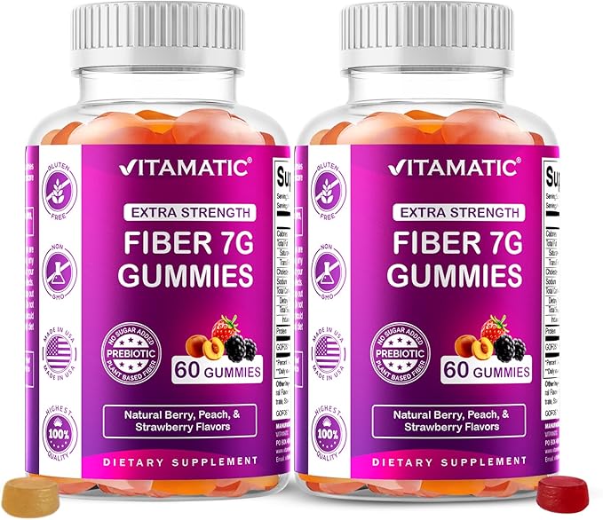 Vitamatic Prebiotic Fiber Gummies for Adults – 2 Pack (Total 120 Gummies) 7g Fiber per Serving | Extra Strength | Zero Sugar Added | Pectin-Based | Digestive Health & Regularity Support