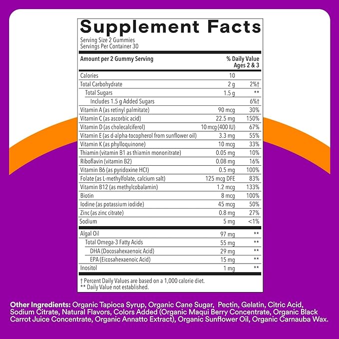 SmartyPants Toddler Multivitamin Gummies, Omega 3 (DHA/EPA), Vitamins D3, C, Vitamin B12, B6, A, K & Zinc, Biotin, Gluten Free, Three Fruit Flavors, 120 Count (60 Day Supply)