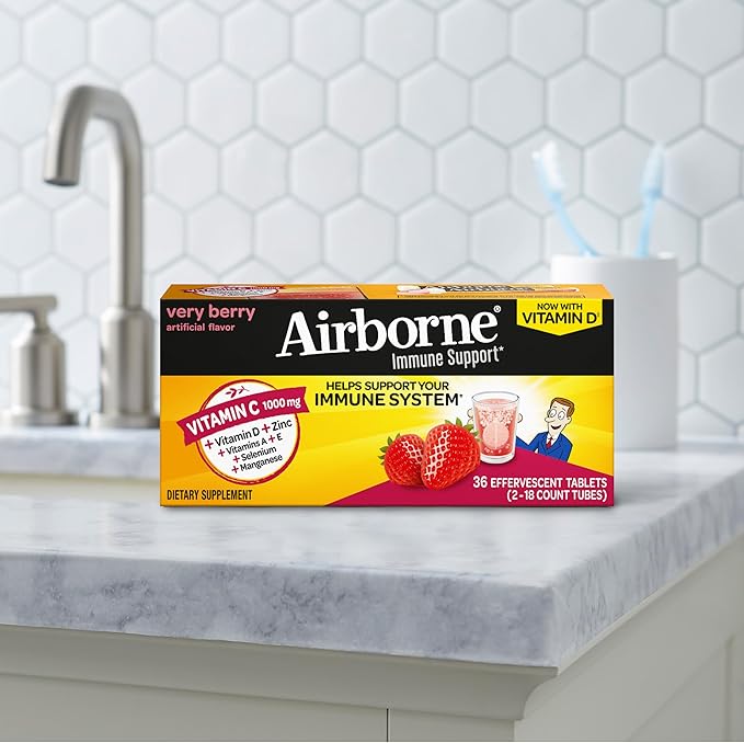 Vitamin C 1000mg (per serving) - Airborne Very Berry Effervescent Tablets (36 count in a box), Gluten-Free Immune Support Supplement, With Vitamins A C E, ZINC, Selenium, Echinacea & Ginger