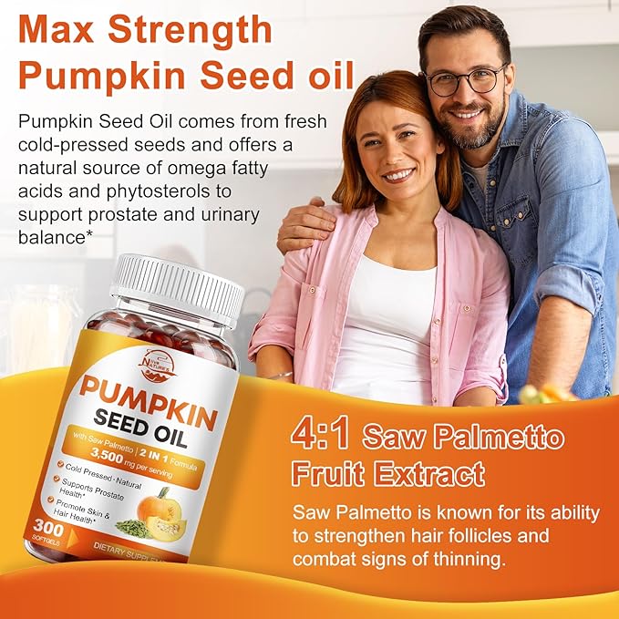 Pumpkin Seed Oil with Saw Palmetto, 3500mg Max Strength per Serving, 300 Softgels, Cold-Pressed with Essential Fatty Acids & Phytosterols, Supports Immune, Hair, Bladder & Prostate Health
