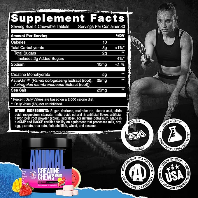 Animal Creatine Chews Tablets - Enhanced Creatine Monohydrate with AstraGin to Improve Absorption, Sea Salt for Added Pumps, Delicious and Convenient Chewable Tablets - Fruit Punch