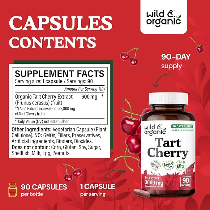 Wild & Organic Tart Cherry Capsules 600 mg - Uric Acid Support - Tart Cherry Extract Supplement - Prunus Cerasus Fruit Powder - 90 Days of Supply - Vegan, No Fillers, Non-GMO - 90 Count