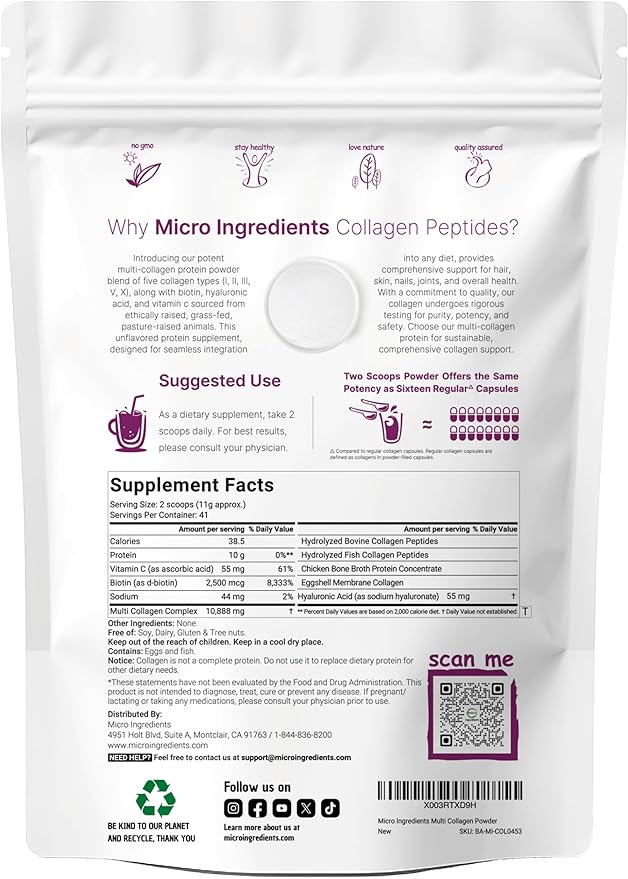 Micro Ingredients Multi Collagen Peptides Powder, 1lb – Hydrolyzed Type I,II,III,V,X with Biotin, Hyaluronic Acid, Vitamin C – Unflavored Collagen for Women & Men, Easy Dissolve, 41 Servings