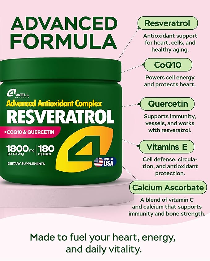 Resveratrol Supplement 1800mg Complex - COQ10, Quercetin, Vitamin E, Vitamin C - Powerful Antioxidant Formula for Enhanced Energy, Heart Health & Healthy-Aging Support Trans Resveratrol 180 Capsules