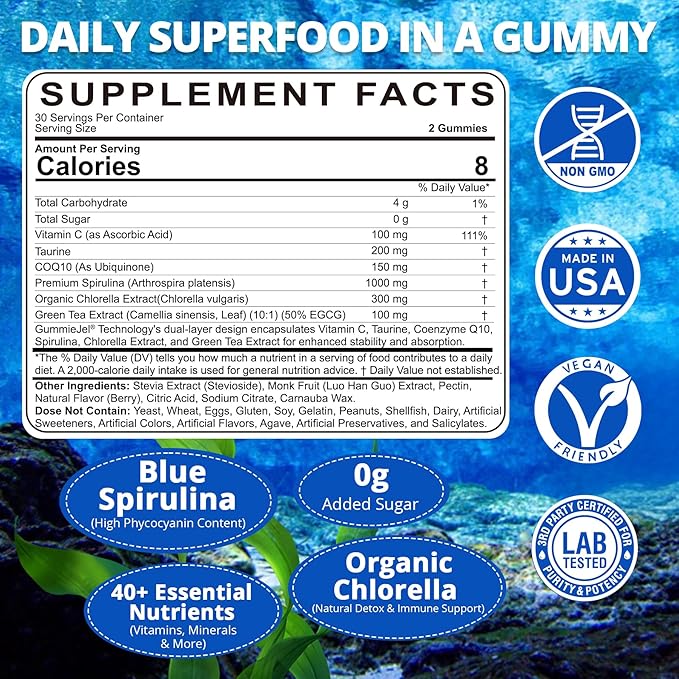 Organic Blue Spirulina Gummies, High Phycocyanin from Nutrient-Rich Blue-Green Algae for Antioxidants, Cellular Energy & Cleanse, Superfood w/Chlorella, CoQ10 & VC,Taurine,Green Tea, Sugar Free, 120Ct