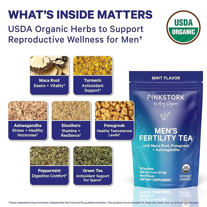 BlueStork Men's Fertility Tea: Organic Fertility Supplements for Men, Green Tea, Maca Root, and Ginkgo Biloba for Male Reproductive Health, Mint, 15 Sachets