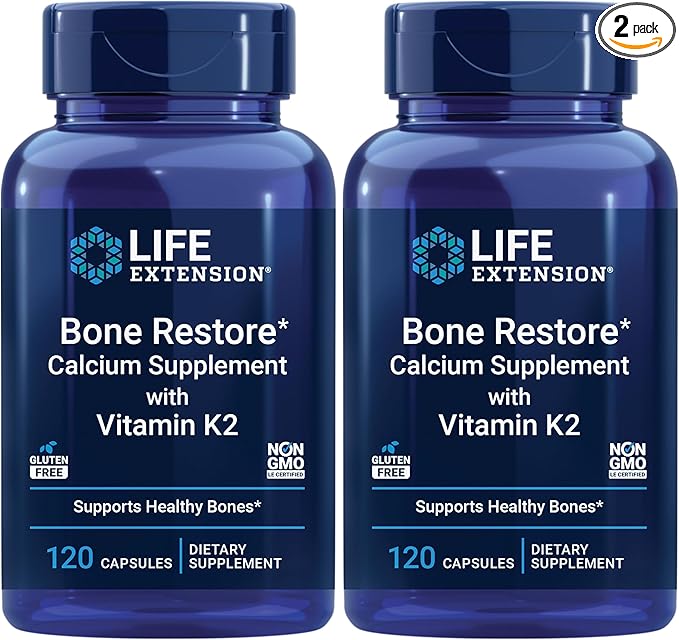 Life Extension Bone Restore with Vitamin K2 – Bone Health Supplement for Strong Bones – 3 Types of Absorbable Calcium, Vitamins D3 and K2, Minerals – Gluten-Free, Non-GMO – 120 Capsules (Pack of 2)