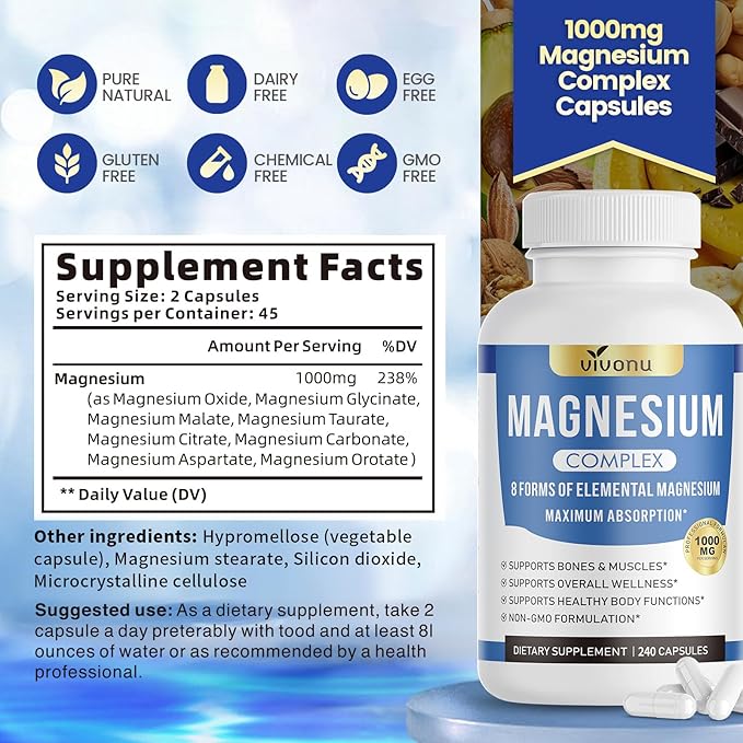 1000mg Magnesium Complex for Women & Men*, 8 Elemental with Magnesium Glycinate, Citrate, Malate, Taurate, Oxide, Carbonate, Aspartate, Orotate for Bones, Muscle, Recovery, Energy, Vegan, 90 Capsules