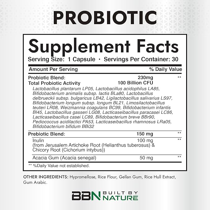 Built by Nature 100 Billion CFU Probiotic – 16 Strains + Prebiotics – Immune & Digestive Support – for Women & Men – Delayed Release Capsules, Shelf Stable – 1 Month Supply - 30 Capsules