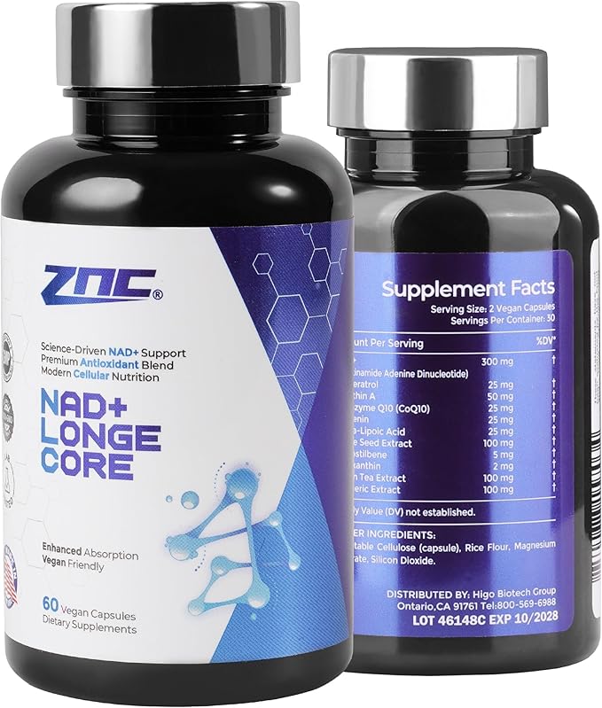 ZNC®10-in-1 NAD+ Supplement with Liposomal NAD, Urolithin A & Resveratrol for Energy & Cellular Repair - 60 Vegan Capsules