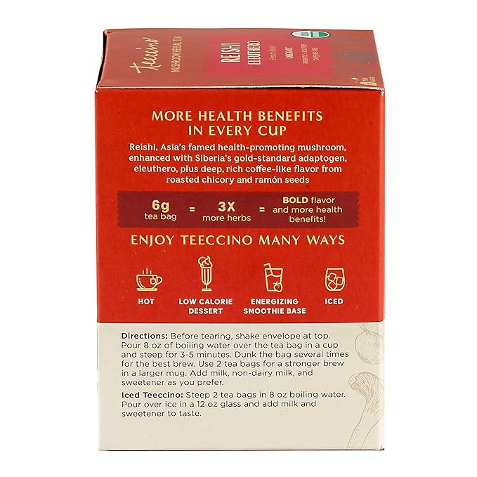 Teeccino Reishi Eleuthero Tea - French Roast - 10 TeaBags - Organic Mushroom Adaptogenic Herbal Tea, 3x More Herbs than Regular Tea Bags, Caffeine Free, Chicory Prebiotic