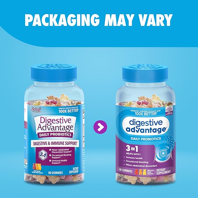 Digestive Advantage Probiotic Gummies For Digestive Health, Vitamin D, Daily Probiotics For Women &Men Occasional Bloating, Minor Abdominal Discomfort & Gut Health, 80ct Natural Fruit Flavors