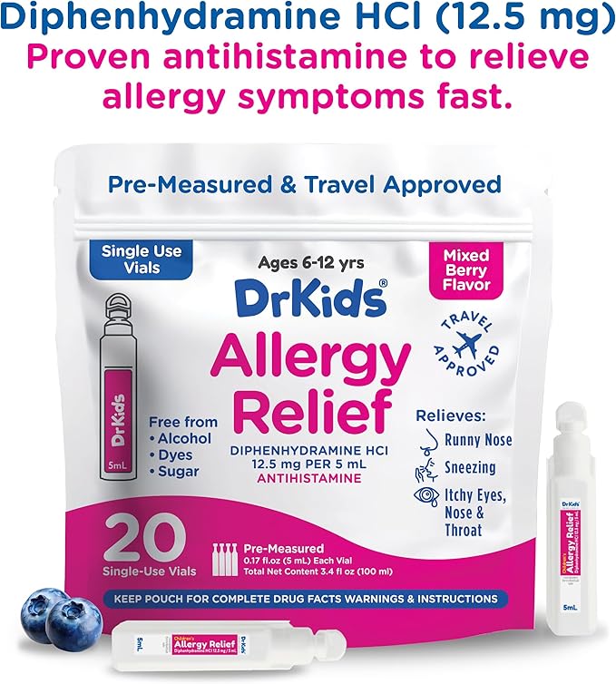 Dr. Kids Children's Allergy Relief Medicine with Diphenhydramine HCl 12.5 mg - Pre-Measured Single-Use Vials, Kids Antihistamine for Sneezing, Runny Nose & Itchy Eyes, Mixed Berry Flavor, 20 Count