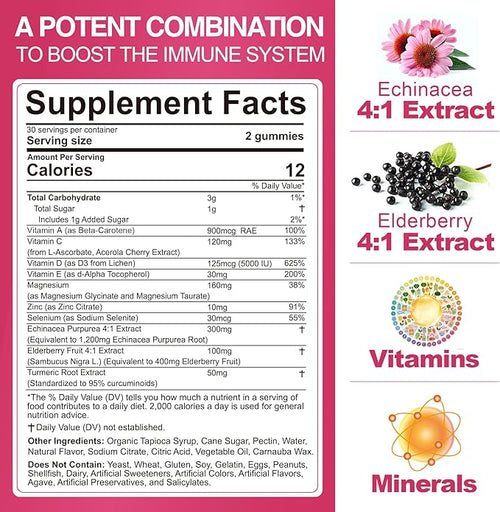 10 in 1 Immune Support Supplement Gummies, w/Echinacea, Elderberry Vitamin C and Zinc, Selenium, Vitamin D3 5000IU, Magnesium, Daily Immune Booster Multivitamin, for Antioxidant Bone Energy, 1 Pack