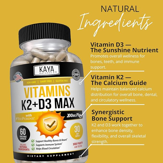Kaya Naturals Vitamins K2 with D3 5000IU Supplement for Men and Women - Easy to Swallow - Bioperine Capsules (60 Count (Pack of 1)