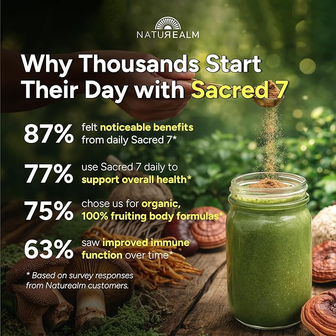 Sacred 7 Mushroom Powder Supplement, 7-in-1 Blend (60 Day Supply) | Immune Defense, Focus & Energy Support | Coffee Enhancer | Lion’s Mane, Reishi, Chaga | Organic 100% Fruiting Body Extract