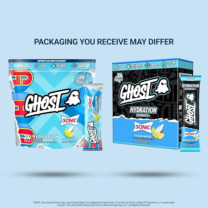 GHOST Hydration Sticks, Electrolyte Powder Packets, Sonic Ocean Water - 24 Sugar Free Instant Electrolyte Drink Mix - Caffeine-Free Daily Hydration & Immune Support with Clean Formula