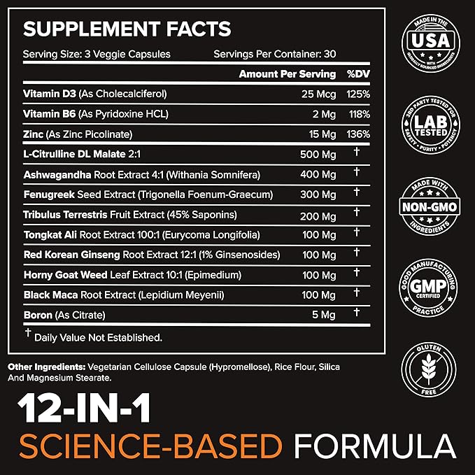 Peak Potential 12-in-1 Testosterone Support for Men – Fenugreek, Ashwagandha & Tongkat Ali – Natural Strength, Energy & Muscle Builder – 90 Capsules