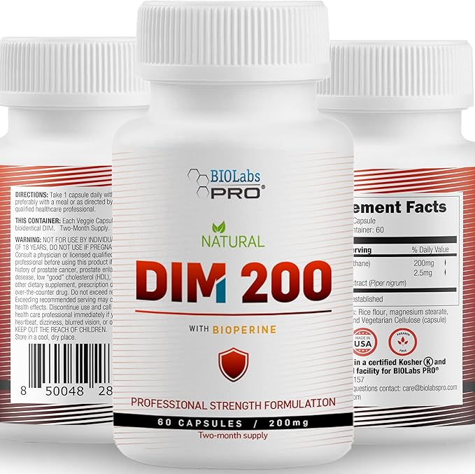 DIM Supplement for Women and Men, DIM 200mg Oral Supplement Hormonal Balance, Hormone Balance for Women and Men, Diindolylmethane Gluten Free Vegetarian Twist Capsules (60 Caps - 2-Month Supply)