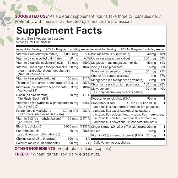 Micro Ingredients Pure Methylated Prenatal Vitamins for Women, 240 Veggie Capsules | 38-in-1 with DHA, Choline, Probiotics, Inositol, & Vitamin C, D, B Complex + Methylfolate, & Iron | No Fillers