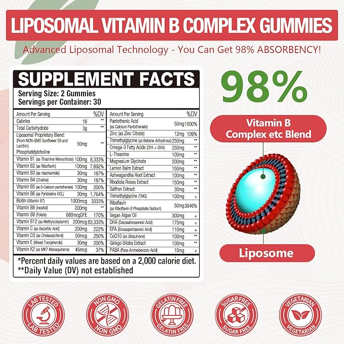 2 Pack 33-in-1 Liposomal Vitamin B Complex Gummies -B1, B2, B3, B4, B5, B6, B7, B8, B9,B12 | Vitamin C, D3,K2|Calcium,Magnesiun,Zinc etc.for Energy, Brain,Immune,Skin Support &Heart Support