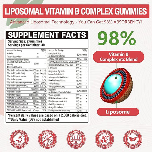 2 Pack 33-in-1 Liposomal Vitamin B Complex Gummies -B1, B2, B3, B4, B5, B6, B7, B8, B9,B12 | Vitamin C, D3,K2|Calcium,Magnesiun,Zinc etc.for Energy, Brain,Immune,Skin Support &Heart Support